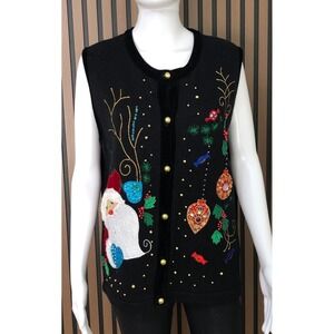 Lisa International Women's Christmas Vest Sweater L Knit Vintage Black Santa